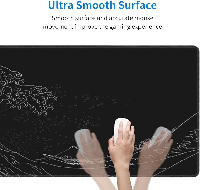 Japanese Gaming Mouse Pad Black Mouse Pad Kanagawa Large Mousepad Non-Slip Rubber Base Waterproof with Stitched Edges for Gaming Office Home, 31.5x11.8 Inch (Black Wave)