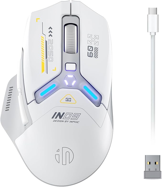INPHIC IN9 Wireless Gaming Mouse, True Tri-Mode Bluetooth/Type-C Wired/2.4G Wireless Connection, 10000 DPl, Fully Programmable, RGB Backlit, for Laptop PC Mac