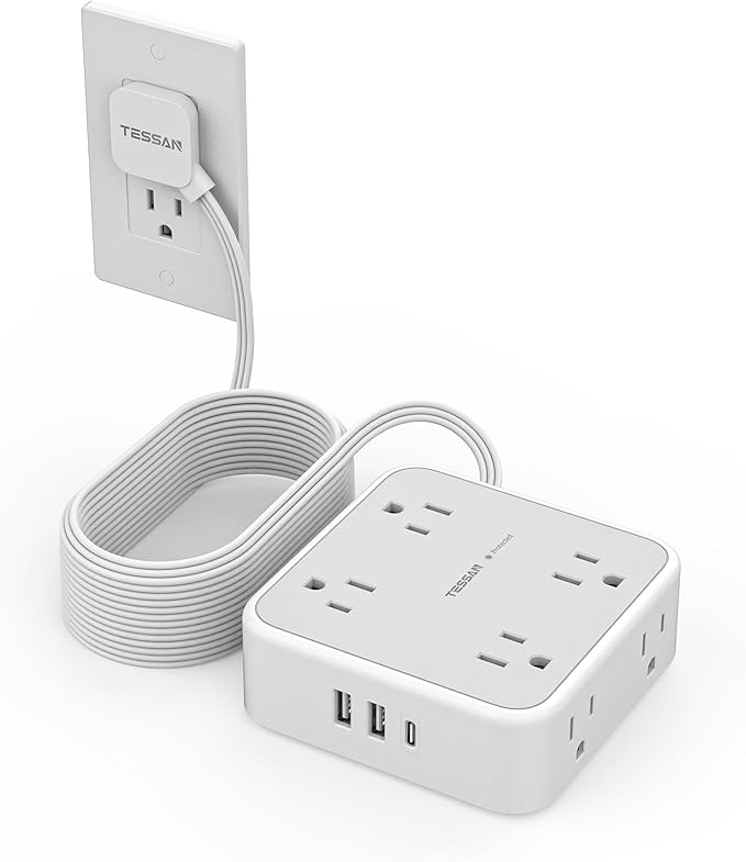 Flat Plug 20 FT Long Extension Cord, TESSAN Ultra Thin Power Strip Surge Protector with 8 AC Outlets, 900J, 3 USB Charger(1 USB C), Multi Port Charging Station for Home, Office, Dorm Room Essentials