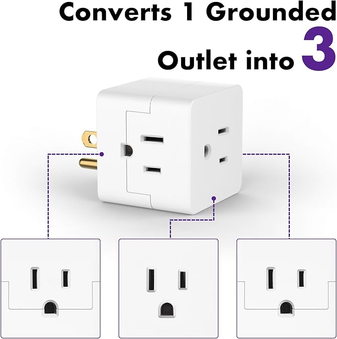 POWERCORDS 3 Power Blocks Outlet Splitter, 3 Pack, Grounded Wall Tap, 3-Prong Plug Adapter AC Multi Plug Wall Outlet, Power Splitter, Cruise Essentials, for Home Office School Dorm, UL Listed, White