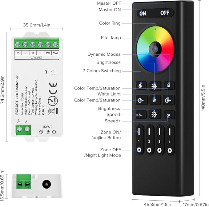 BTF-LIGHTING 5050SMD FCOB COB RGBCCT RF 2.4GHz Wireless Remote RC03RFB &3PCS C05RF Tuya Controller Kit 4 Zones Group Control PWM RGBWW (+ R G B C W) 6pin LED Strip DC5V DC12V DC24V