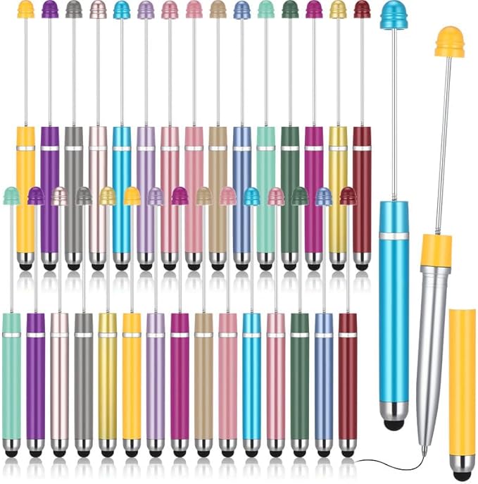 Qilery 30 Pcs Beaded Pens with Stylus Tips Plastic Beaded DIY Stylus 2-in-1 for Rubber Touch Screen Handwriting Ballpoint Pen 1.0mm, Black Ink, Office Supplies(Rainbow)