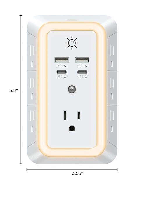 Multi Plug Outlet, USB Wall Charger, Surge Protector, 7 Outlet Extender with 4 USB Charging Ports (2 USB C) 1680J Power Strips Outlets with Night Light, Wall Plug Adapter Spaced for Home Travel Office