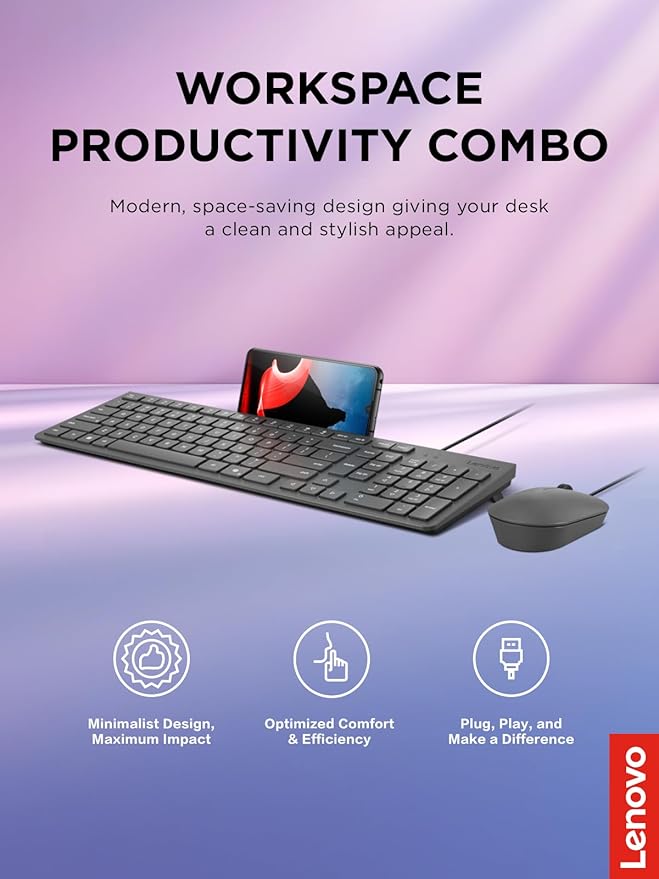 Lenovo 310 USB-A Wired Keyboard Mouse Combo, Quiet Keys, Ultra-Slim Gaming Design, Spill-Resistant, Integrated Phone Stand, Compatible w Laptop, PC, Tablet – Ergonomic Mouse Mechanical Keyboard USB