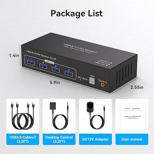 HDMI KVM Switch 2 Monitors 2 Computers 4K60Hz Dual Monitor KVM Switches for Dual PC or Laptops Share 1 Set of Keyboard Mouse Printer Wired Controller and 12V 1A DC Adapter Included
