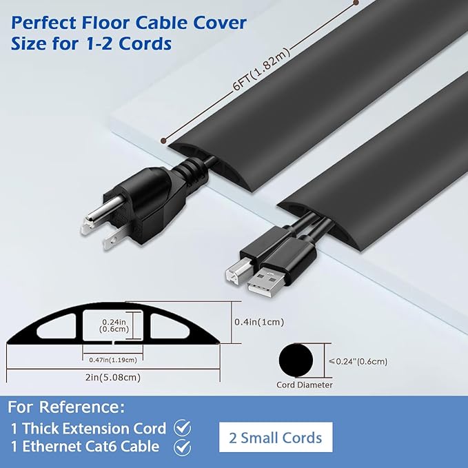 6ft Floor Cord Cover,Cord Hider Floor Black,Extension Cable Cover Power Cord Protector Floor,Floor Cable Management Prevent Cable Trips,Cord Protector Cord Cavity:0.47" (W) x 0.24" (H)