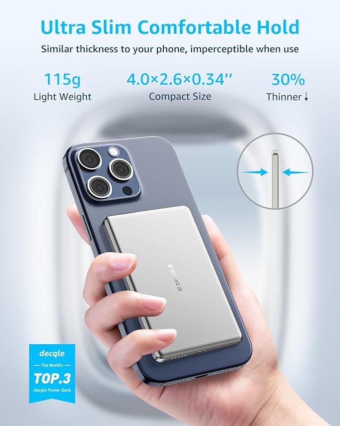 “Air” Power Bank for MagSafe 5000mAh, Ultra Slim Magnetic Wireless Portable Battery Charger Case with USB-C Cable, Compatible with iPhone 17/16/15/14/13/12 Series Only (Sliver)