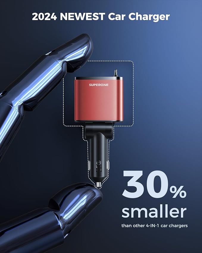 [2024 Upgraded] 4 in 1 Retractable Car Charger, SUPERONE Smaller Fast Car Phone Charger 69W with Cord, USB C and iPhone Car Charger Adapter, Compatible iPhone 15/15 Pro Max/14/13/12/11, Sumsung