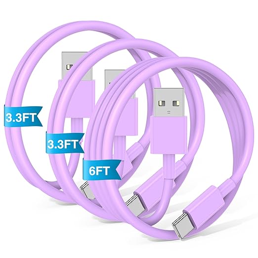 3-Pack Purple [3.3FT+3.3FT+6FT] USB A to USB C Cable，USB to USB C Car Carplay Cable for iPhone 16 15 Pro Plus Pro Max，for iPad Pro/Air/Mini，for Samsung S24/S23/S22/S21，for MacBook Pro/Air and More