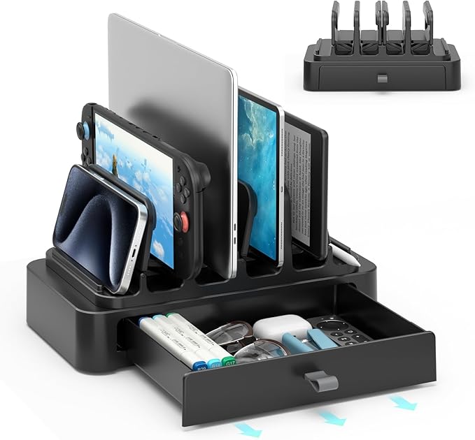 KDD Vertical Laptop Stand with Drawer - 7-in-1 Space-Saving Laptop Holder with Gravity Locking Fits MacBook, Dell, HP, Chromebook, Surface Pro, Tablet, Cell Phone, Switch, Keyboard Desktop Organizer
