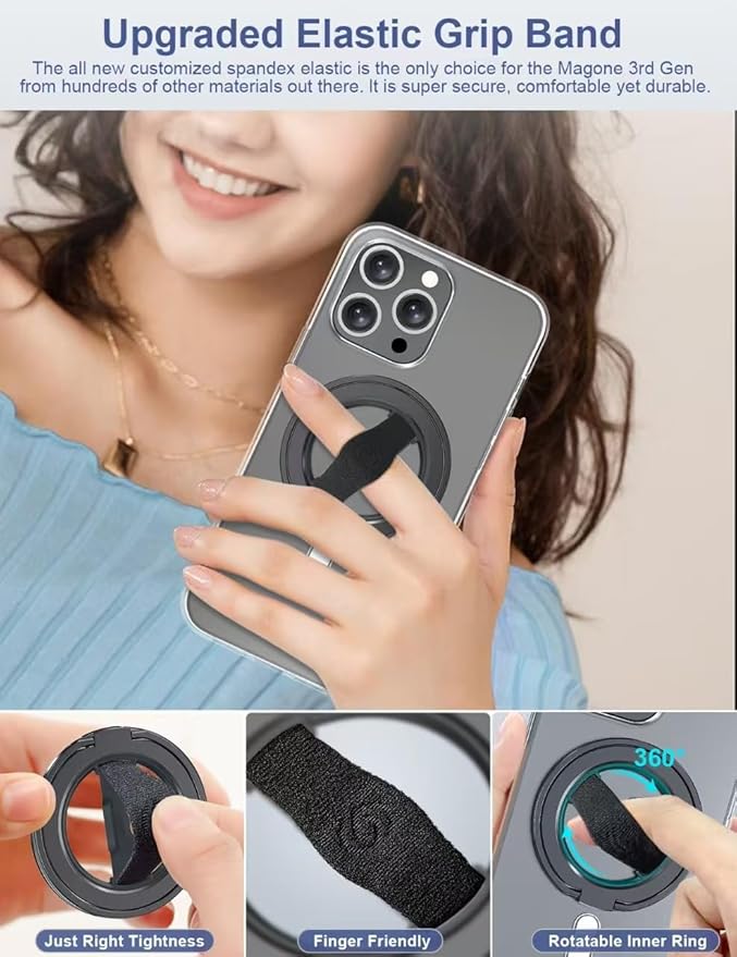 EWA MagOne 3rd Gen [Compatible with MagSafe] Phone Grip Stand with Finger Strap, Removable Magnetic Ring Holder Kickstand Loop for iPhone 16,15, 14, 13, 12 Series-(Black)