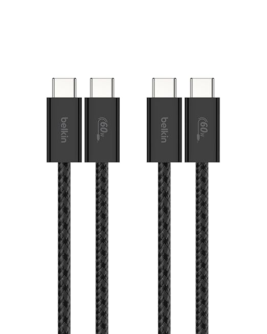 Belkin USB C to USB C Cable 2-Pack, 3.3ft, 60W - Type C Charger, iPhone Charger Cord, Soft, Braided, Flexible for iPhone 16, Galaxy S25, Pixel 9, Airpods, iPad Pro & More, Travel Essentials - Black
