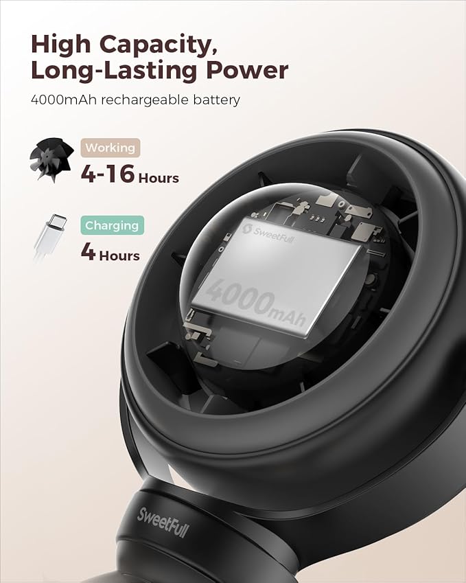 SWEETFULL Baby Stroller Fan - 4000mAh Rechargeable 4-Speed Quiet with LED Display & Night Light, Mini Portable 360° Clip On Safe Fan for Car Seat, Crib, Travel - Black