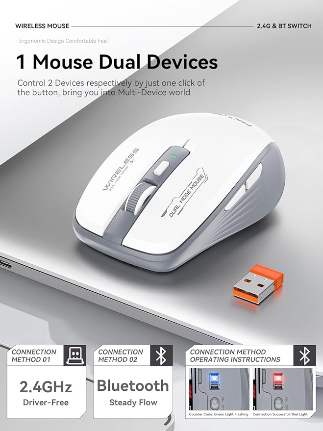 Wireless Mouse (Bluetooth & 2.4GHz USB) with Forward/Backward Side Keys, Silent Click, Ergonomic Portable AA Battery Mice for Laptop/Mac/iPad - Office & Travel Use, White & Grey