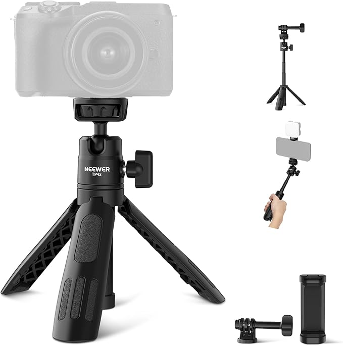 NEEWER Basics Mini Desk Selfie Stick Tripod Compatible with iPhone GoPro Insta360 DJI, Portable Small Camera Webcam Android Cell Phone Holder Ball Head Elevated Axis Video Recording Stand, TP43 Black