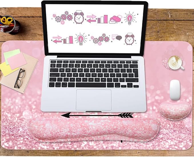Large Mouse Pad and Keyboard Wrist Rest, Desk Pad for Keyboard and Mouse, 4-in-1 Large Gaming Mouse Pad with Wrist Support, Desk Mat for Home Office Study Game-Pink Stay Positive