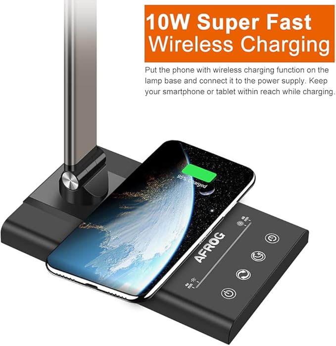 AFROG 5th Gen Multifunctional LED Desk Lamp with 10W Fast Wireless Charger, USB Charging Port,1800Lux Super Bright,5 Lighting Mode,7 Brightness, Touch Control, Auto Timer, 15W Office Table Lamp