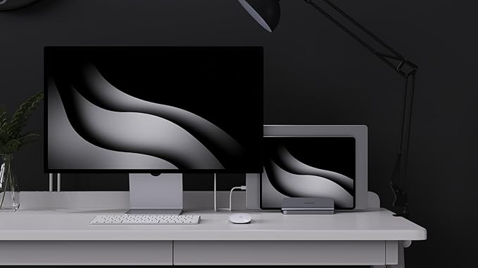 Dual Aluminum Vertical Laptop Stand Organizer, Sturdy Notebook Computer Holder Stand Compatible with New Liquid Retina XDR Apple MacBook Air/Pro, Mac mini, Apple TV and iPad Pro - Spacegray