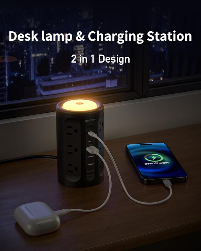 Power Strip Tower with Night Light, Power Strip Surge Protector with USB Ports, Extension Cord 10 FT with Multiple Outlets (12AC+3A+2C) for Home Office Desk DormRoom (Black)