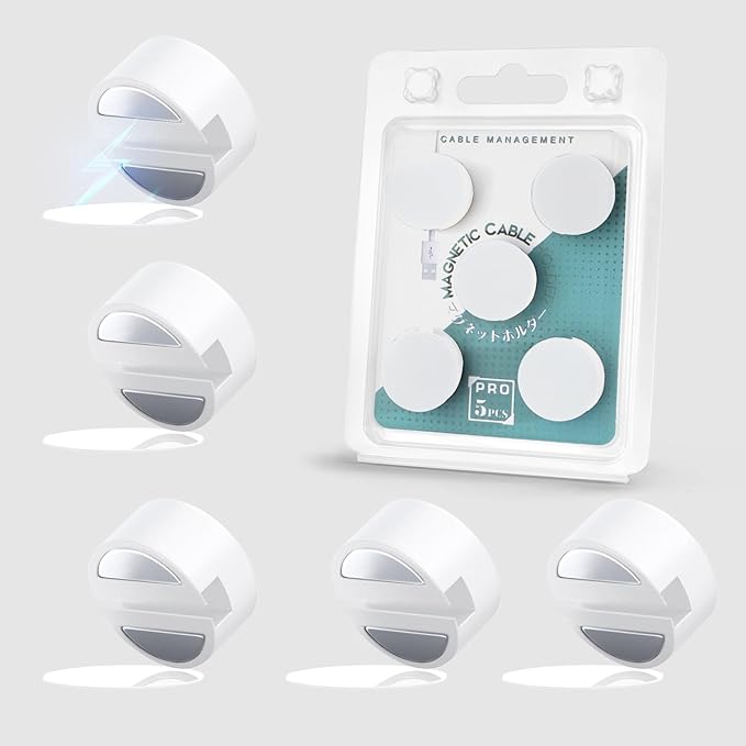 Maveek Magnetic Cable Clips White, Cord Organizer Magnet Silicone Cord Management Charging Cable Holder for Metal Desk, File Cabinet, Home and Office, with Extra Adhesive Plates (5 Piece, Large Size)