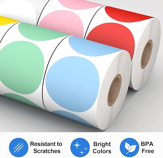 6 Rolls 2" Color Circle Direct Thermal Stickers Labels, Self-Adhesive Round Thermal Labels Printer Stickers for Business, DIY, Code, Name Tag, Envelope Seal