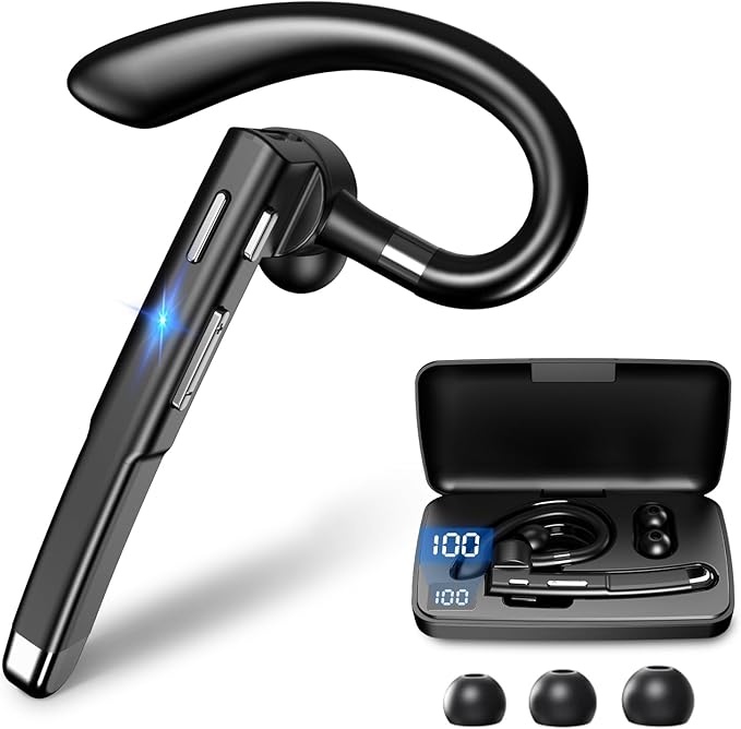 Bluetooth Headset, Wireless Earpiece with 500mAh Charging Case, 100Hrs Talking Time Built-in Dual Microphone 270° Rotatable Hand-Free Noise Canceling Headphones for Office/Trucker/Business