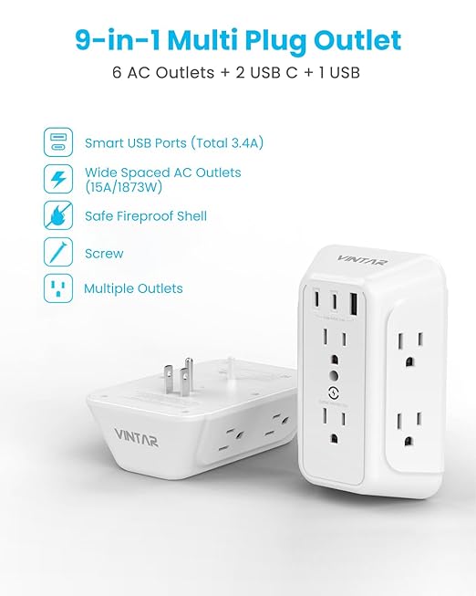 Surge Protector Outlet Extender, VINTAR 6 Outlet Splitter with 3 USB Charging Ports (2 USB C Ports), 900J Multi Plug Outlet Power Strip, 3-Sided USB Wall Charger for Home Office Dorm Room Essentials