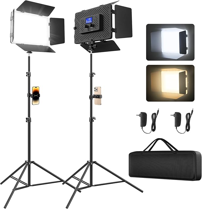 2 Pack Led Video Light Panel Light with Barndoor, 8000mAh Rechargeable Camera Light with 79'' Stand, Photo Studio Lighting kit for Video Recording Live Streaming Outdoor Indoor Photography