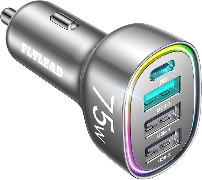 USB C Car Charger Cigarette Lighter Adapter 75W 4-Port Fast Car Charger Fast Charging- Titanium