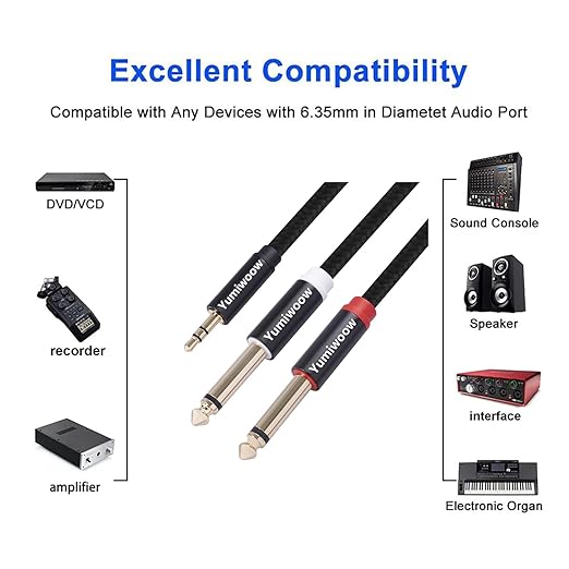 3.5mm to Dual 1/4 Adapter 1/8 to 6.35mm TS Mono Audio Cable Stereo Breakout Cord Y Splitter Compatible with iPhone, iPod, Computer Sound Card, Headphone, Speaker, Home Stereo System (6.6FT/Pack)
