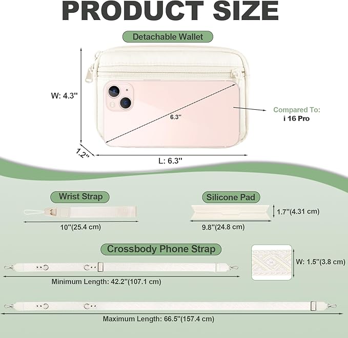 Clip and Go Strap for Phone with Wallet Crossbody, Adjustable Phone Lanyard with Detachable RFID Wristlet Wallet, Pattern Strap, Cream (M)