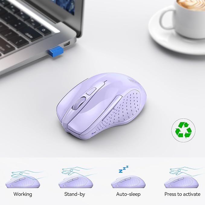 TECKNET Wireless Mouse (2.4G & BT5.0/3.0) Silent 4800 DPI Computer USB A & Bluetooth Mouse 6 Buttons, Wide Compatibility - Lavender