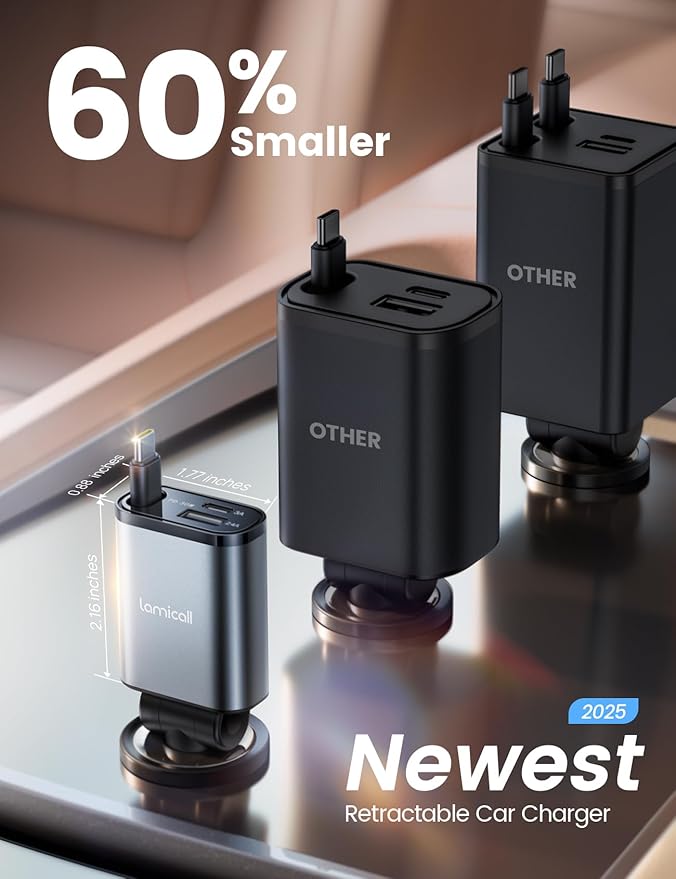Lamicall Retractable Car Charger USB C Fast Charging [Ultra-Compact, 60% Less Space] 57W Type C Car Phone Charger fit iPhone 16 16e 15 Pro Max Plus Galaxy S25 S24 Ultra Pixel Android