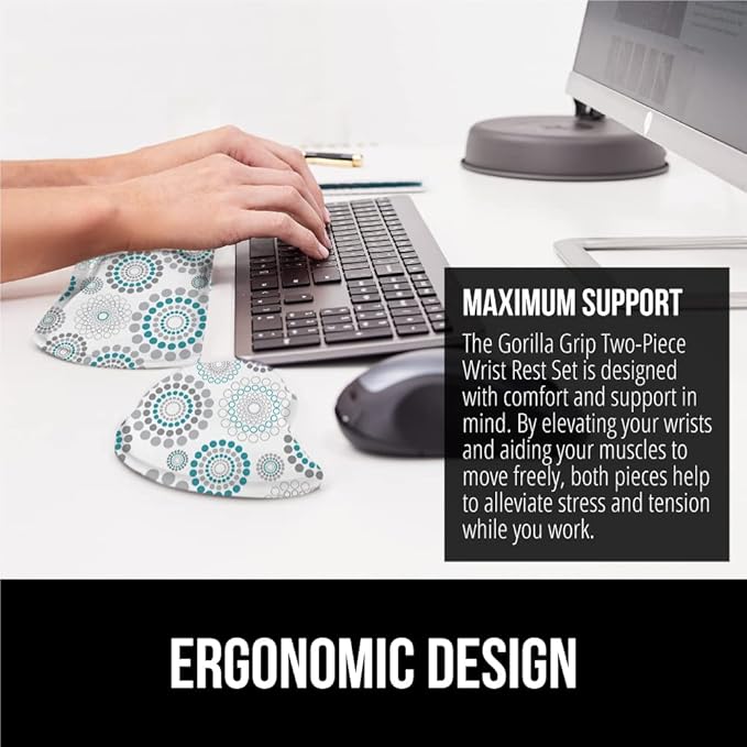 GORILLA GRIP Silky Gel Memory Foam Wrist Rest for Computer Keyboard, Mouse, Ergonomic Design for Typing Pain Relief, Desk Pads Support Hand and Arm, Mousepad Rests, Stain Resistant, 2 Piece Pad Spiral