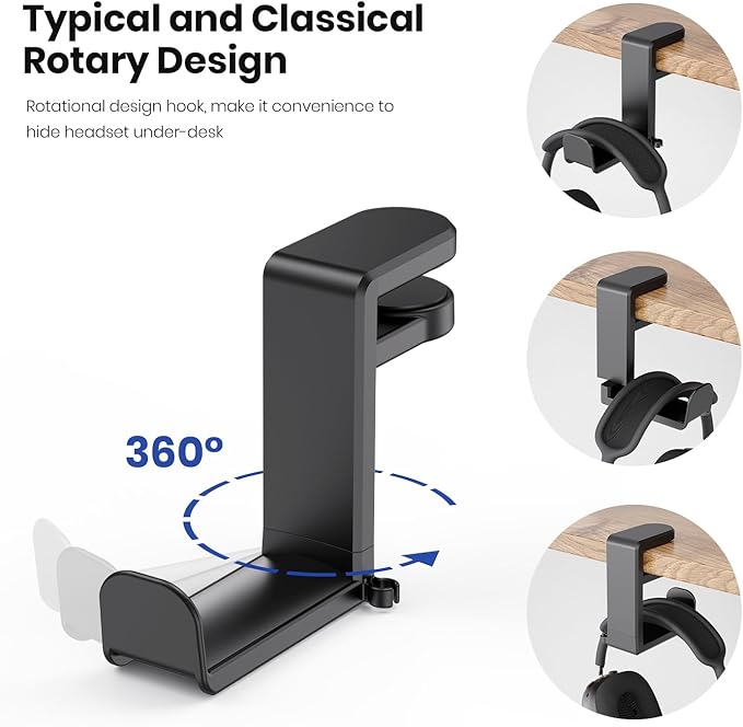 EURPMASK Rotating Headphone Stand - PC Gaming Headset Holder, Adjustable Clamp-on Under Desk Hanger With 360 Degree Swivel & Cable Clip Organizer - Black