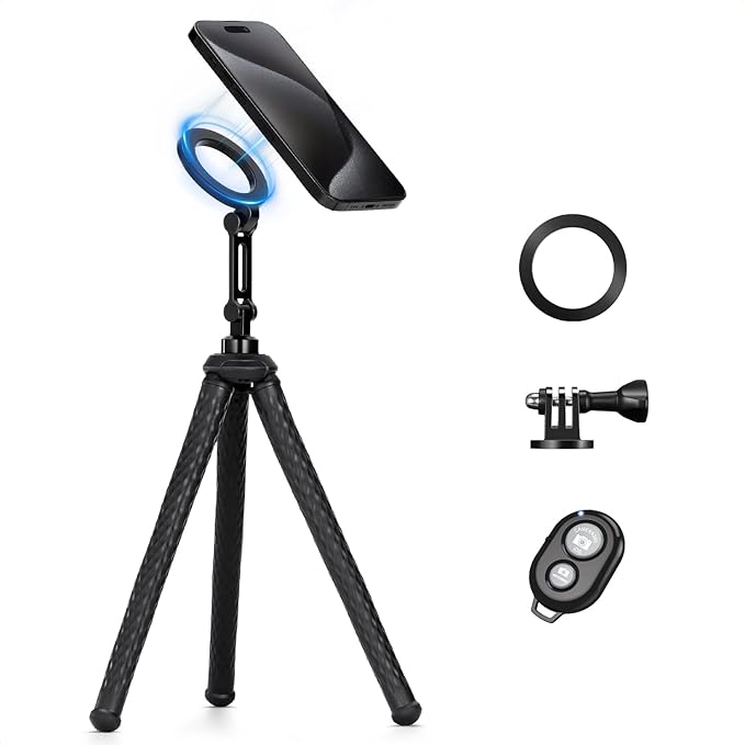 K&F Concept Flexible Tripod, Magnetic Flexible Phone Stand with Wireless Remote, Mini Vlogging Tripod for Magsafe iPhone 16 Pro Max/15/14/13/12 All Phones and Actions Camera.