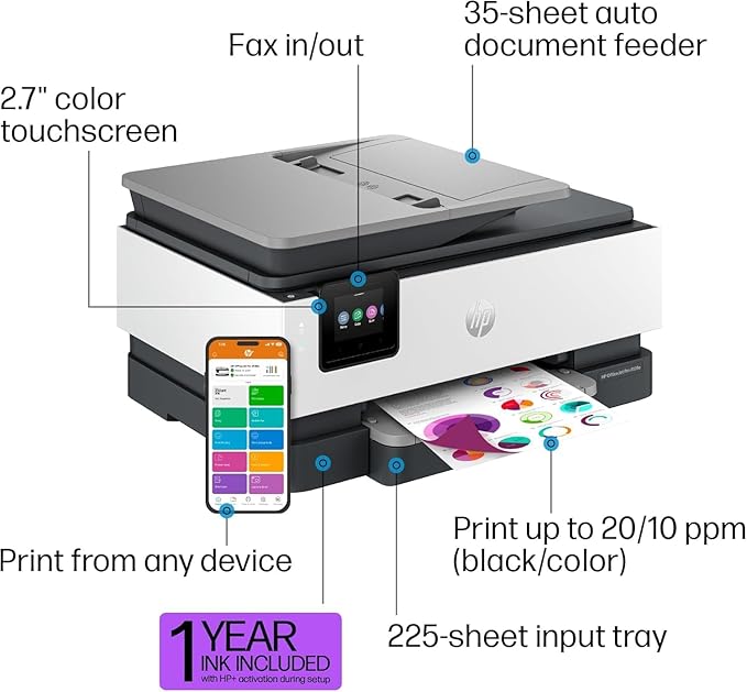 HP OfficeJet Pro 8139e Wireless All-in-One Color Inkjet Printer, Print, scan, Copy, fax, ADF, Duplex Printing Best-for-Home Office, 1 Year of Instant Ink Included (Renewed Premium)