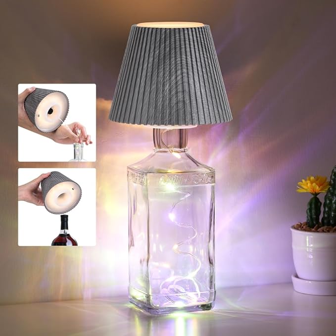 WILIT Wireless Bottle Lamp for Liquor Bottles, 3-Level Brightness Rechargeable Lamp Shades, Night Light for Home Decor, Unique Table Lamp with RGB Lights, Wine Lamp for Bedroom, Gifts for Mom, Gray