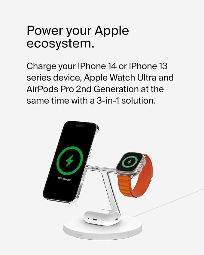 Belkin MagSafe Charger, 3-in-1 Wireless Charging Stand, 2ND GEN, 33% Faster for Apple Watch, iPhone 16, iPhone 15, iPhone 14 Series, AirPods - MagSafe Charging Station for Multiple Devices - White