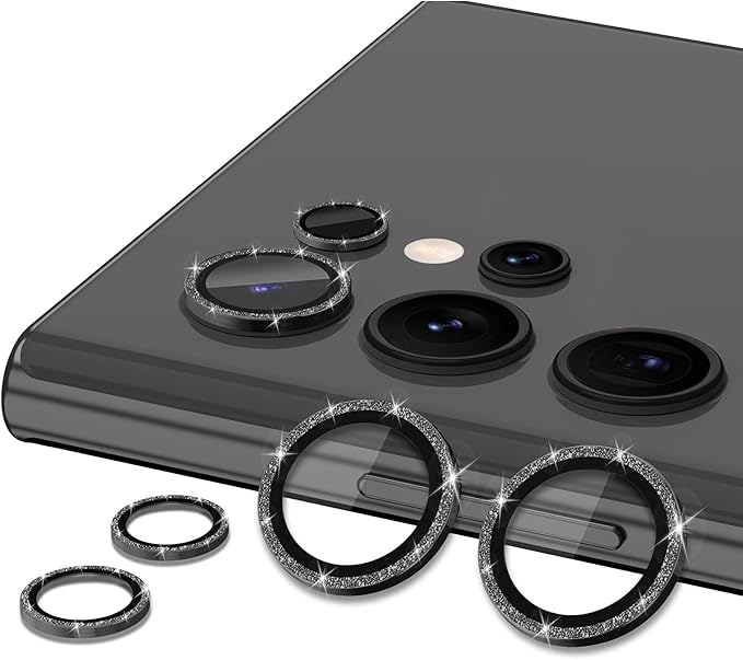 for Samsung Galaxy S22 Ultra Camera Lens Protector, Individual Metal Ring Tempered Glass Lens Cover, [Strong Adsorption] Scratch Resistant Ultra-Thin HD Clear Lens Cover, 1 Set-Black Sparkly