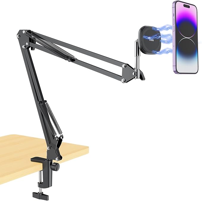 UURIG Overhead Phone Mount Stand with Magsafe, Articulating Arm Cell Phone Holder for Desk, Cell Phone Holder for Live Streams, Zoom Calls, Online Teaching, Selfies, Remote Working