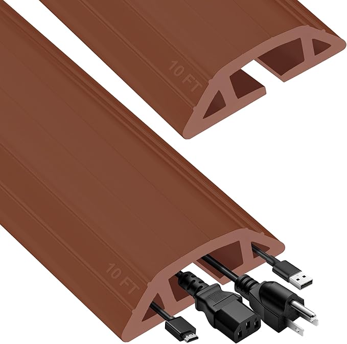 MYFAMIREA 20FT Floor Cord Cover Heavy Duty Cable Cover Protector 3 Channels Extension PVC Floor Wire Cover Outdoor Cord Hider Management Cord Cover for Wire on Floor Home Outdoor (2PCS 10FT, Brown)