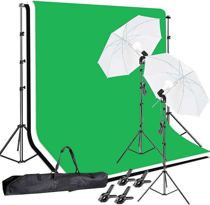 Photo Video Studio 10 x 8.5ft Stand with Muslin Backdrop (Green/White/Black) & 85W 5500K Led Bulb & Umbrella Lighting Kit Photography Background Support System Kit,Clamp, Carry Bag