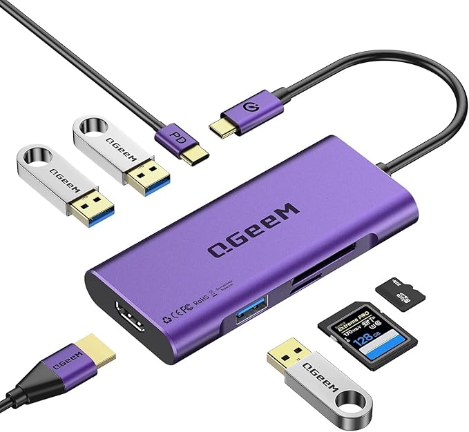 USB C Hub, QGeeM USB 4k to HDMI Adapter, 7 in 1 USB-C Dongle with 100W PD,USB 3.0, Card Reader, Compatible for MacBook iPhone 15/16 Ipad Pro max,Chromebook Laptop USB Type C Dock-Purple