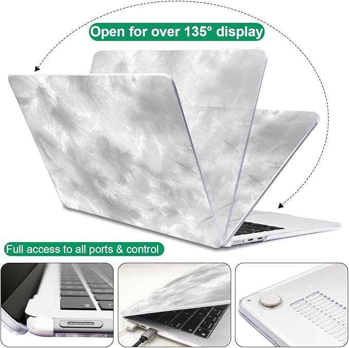 for M4 MacBook Air 13.6 Case 2025 2024 2023 2022 M3 A3113 A2681 M2 Chip, Pattern Plastic Matte Hard Shell Case Keyboard Skin for 2025 Mac Air 13.6 inch Cover M4 A3420 Touch ID, Gray Feather