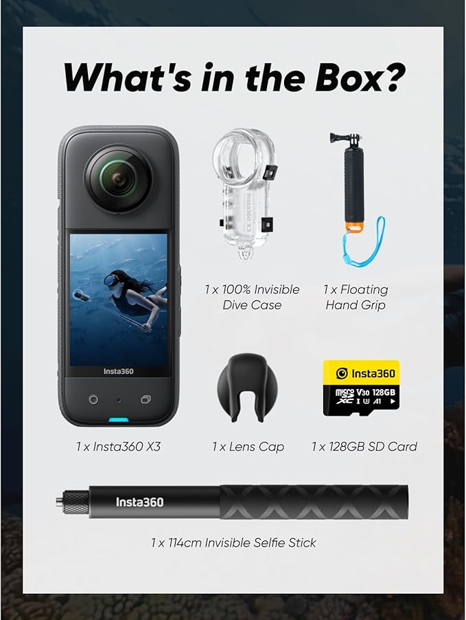 Insta360 X3 Invisible Dive Kit - Waterproof 5.7K 360 Action Camera, Dive Case, Selfie Stick, Dual 1/2" 48MP Sensors, Stabilization, 360 Horizon Lock, 4K Single-Lens, AI Editing