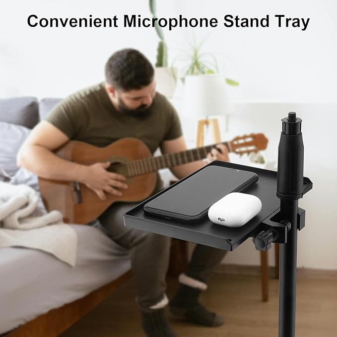 RTNLIT Microphone Stand Tray, Clamp On Firm Rack Tray Holder with 4.5 Pound Weight Capacity Adjustable Mic Stand Shelf for Live Streaming, Stage, Music Sheet, Karaoke, Recording, Podcast (7.9" × 5.5")