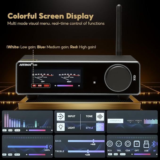 AIYIMA A80 Bluetooth Amplifier DAC Stereo HiFi Home Audio Receiver with PFFB 2.0 Channel Hi-Res Class D Power Amp with PC-USB Coaxial Optical TRS RCA Input