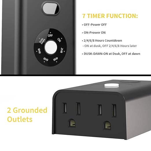 Minoston Outdoor Timer Outlet Waterproof, Dusk to Dawn Photocell Light Sensor Socket, 2/4/6/8 Hours Cutdown Timer, 2 Grounded Outlets for Christmas and Hallowen Deceration, Black(MP40T)