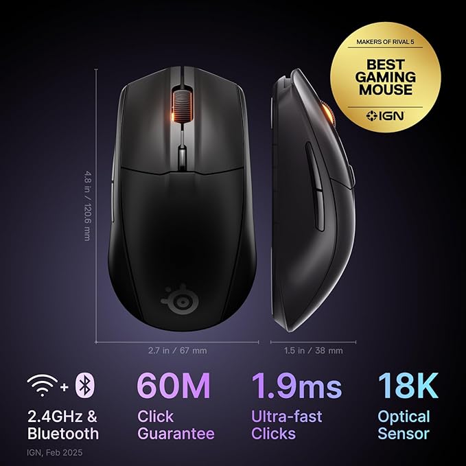 SteelSeries Rival 3 Wireless Gen 2 Gaming Mouse — 2.4GHz and Bluetooth — 18000 DPI TrueMove Air Optical Sensor — 60 Million Click Durability — Light-Weight — 100% PTFE Feet — Black